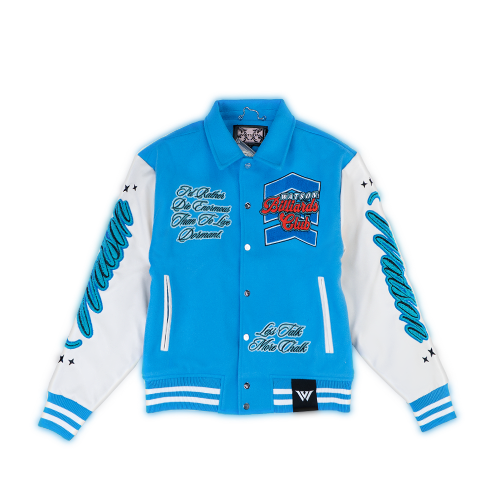 WATSON BILLIARDS CLUB VARSITY JACKET (ICE BLUE) – All Star Elite WATSON BILLIARDS CLUB VARSITY JACKET (ICE BLUE) – All Star Elite