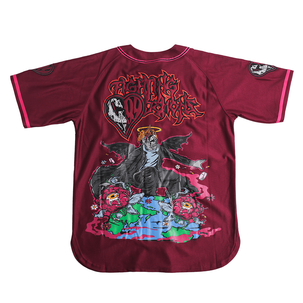 BRAND X JUICE WRLD FIGHTING DEMONS PURPLE BASEBALL JERSEY - Allstarelite.com