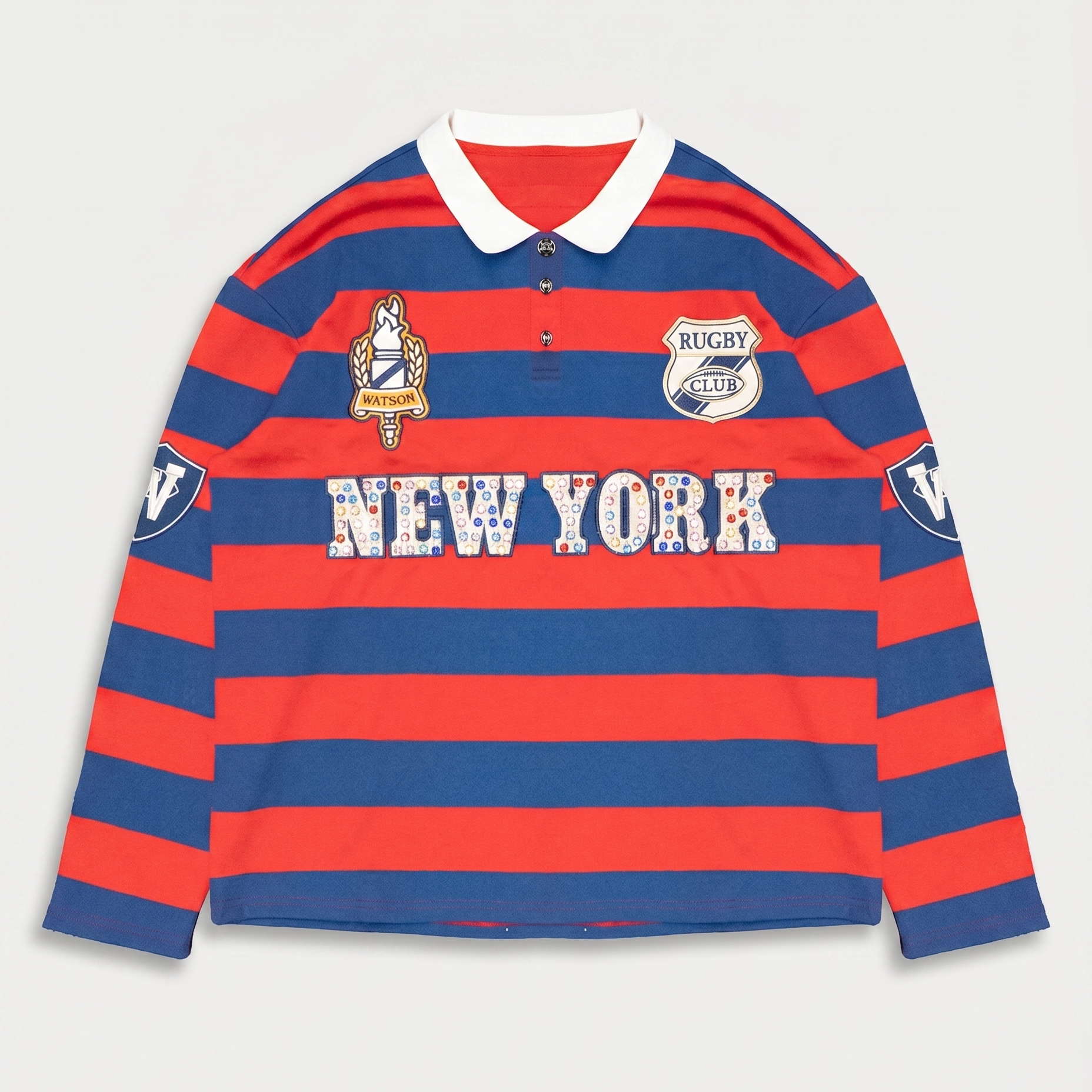 NEW YORK RHINESTONE STRIPED LONG SLEEVE RUGBY POLO (RED & BLUE 