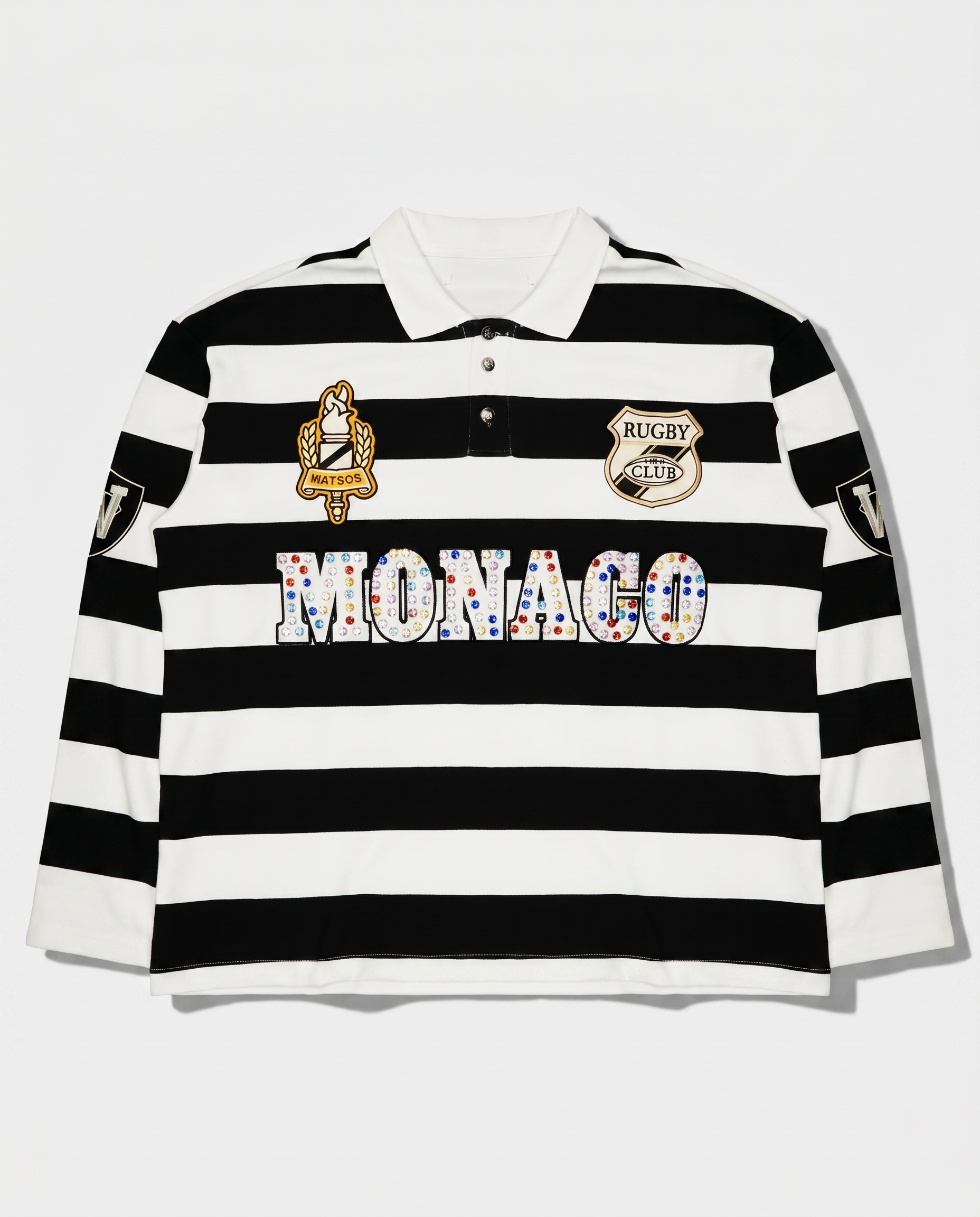 MONACO RHINESTONE STRIPED LONG SLEEVE RUGBY POLO (BLACK/WHITE
