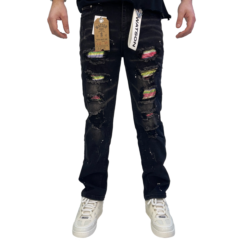 BLACK DISTRESSED MULTI RIP WATSON DENIM