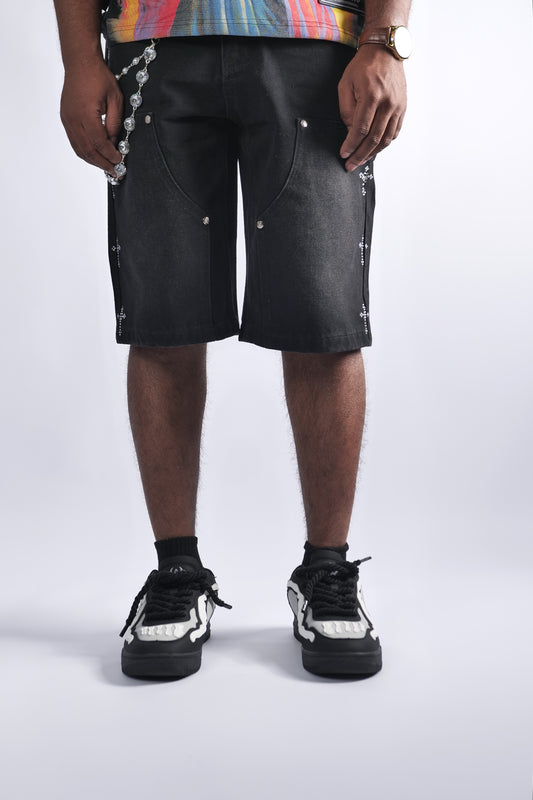 WATSON DIAMOND CROSS PIN BLACK DENIM SHORTS