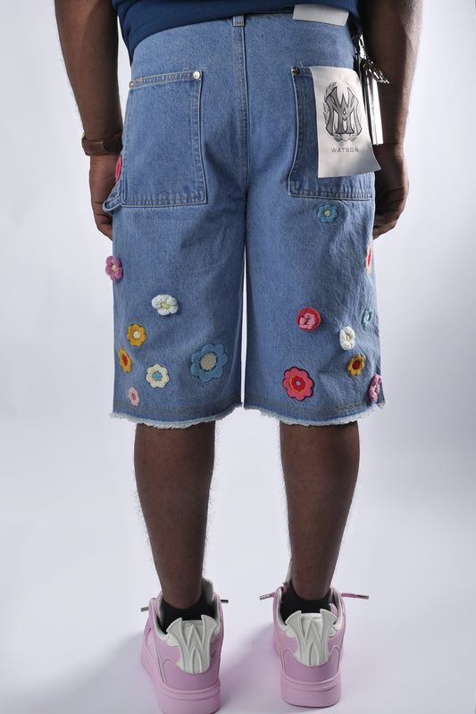 WATSON CROCHET FLOWER LIGHT WASH DENIM SHORTS