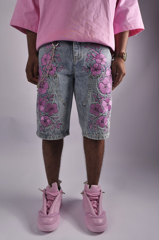 FLORAL LIGHT WASH DENIM CARPENTER SHORTS