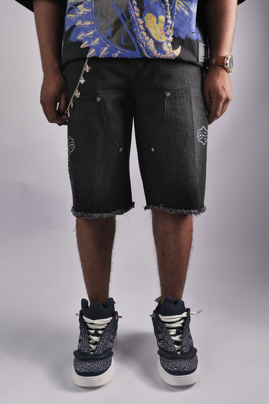 WATSON CROSS EMBELLISHED BLACK DENIM SHORTS