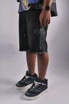 WATSON CROSS EMBELLISHED BLACK DENIM SHORTS