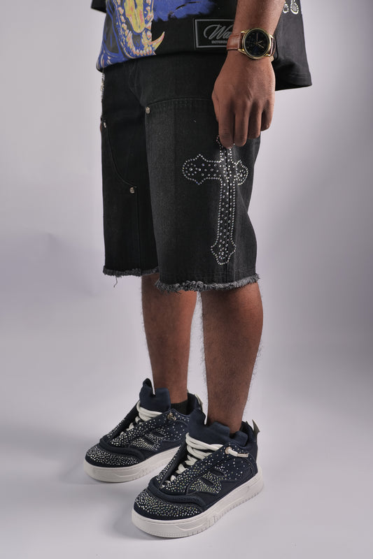 WATSON CROSS EMBELLISHED BLACK DENIM SHORTS