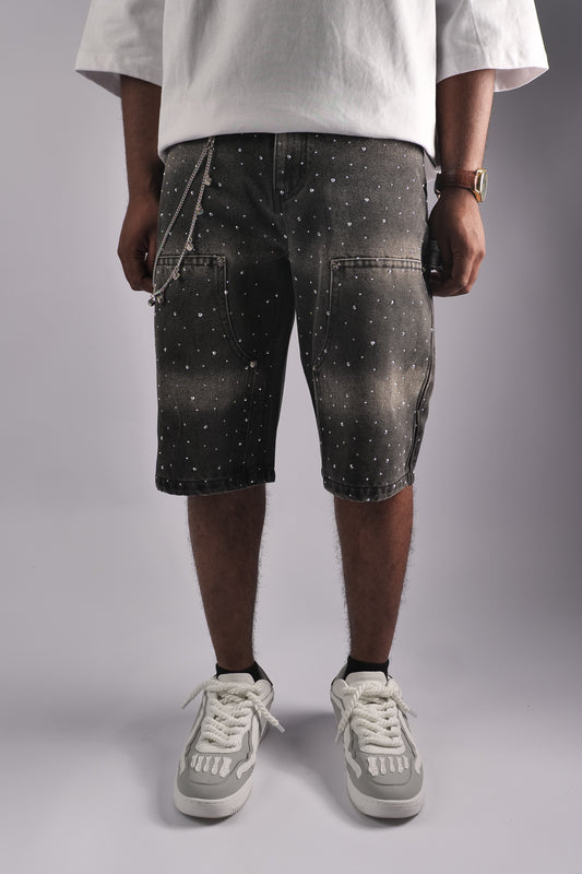 MULTI RHINESTONE BLACK DENIM CARPENTER SHORTS