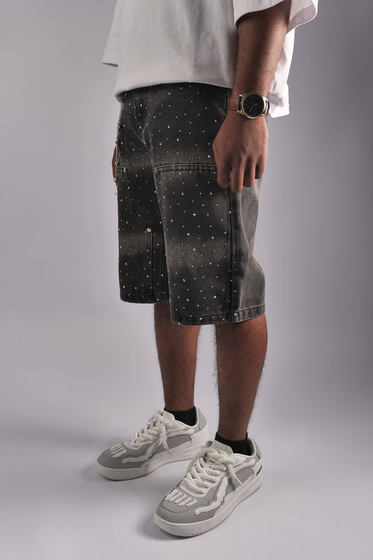 MULTI RHINESTONE BLACK DENIM CARPENTER SHORTS