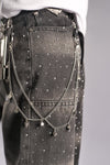 MULTI RHINESTONE BLACK DENIM CARPENTER SHORTS