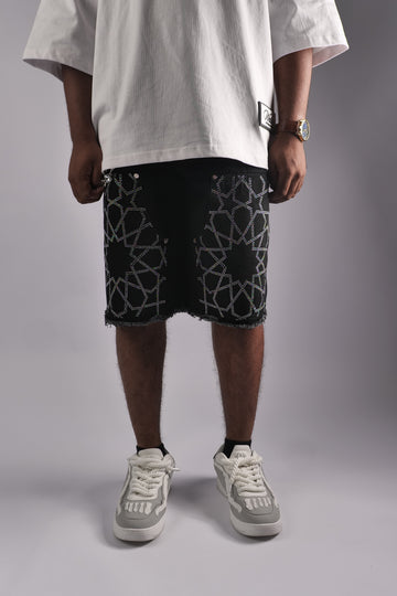 WATSON STAR RHINESTONE PATTERN BLACK DENIM SHORTS