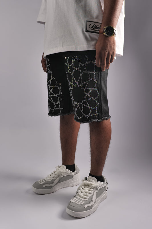 WATSON STAR RHINESTONE PATTERN BLACK DENIM SHORTS