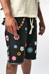 WATSON CROCHET FLOWER BLACK WASH DENIM SHORTS