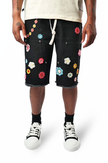 WATSON CROCHET FLOWER BLACK WASH DENIM SHORTS