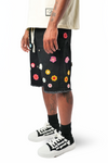 WATSON CROCHET FLOWER BLACK WASH DENIM SHORTS