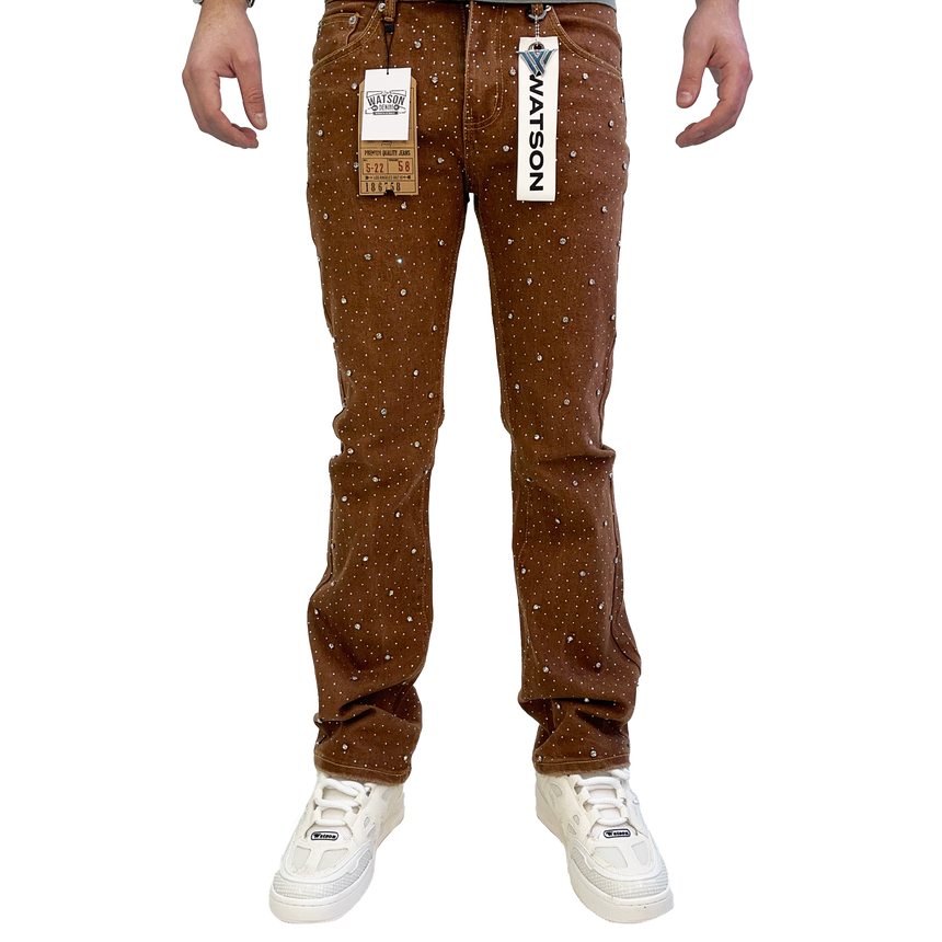 BROWN ALL OVER EMBELLISHED RHINESTONE CRYSTAL WATSON DENIM