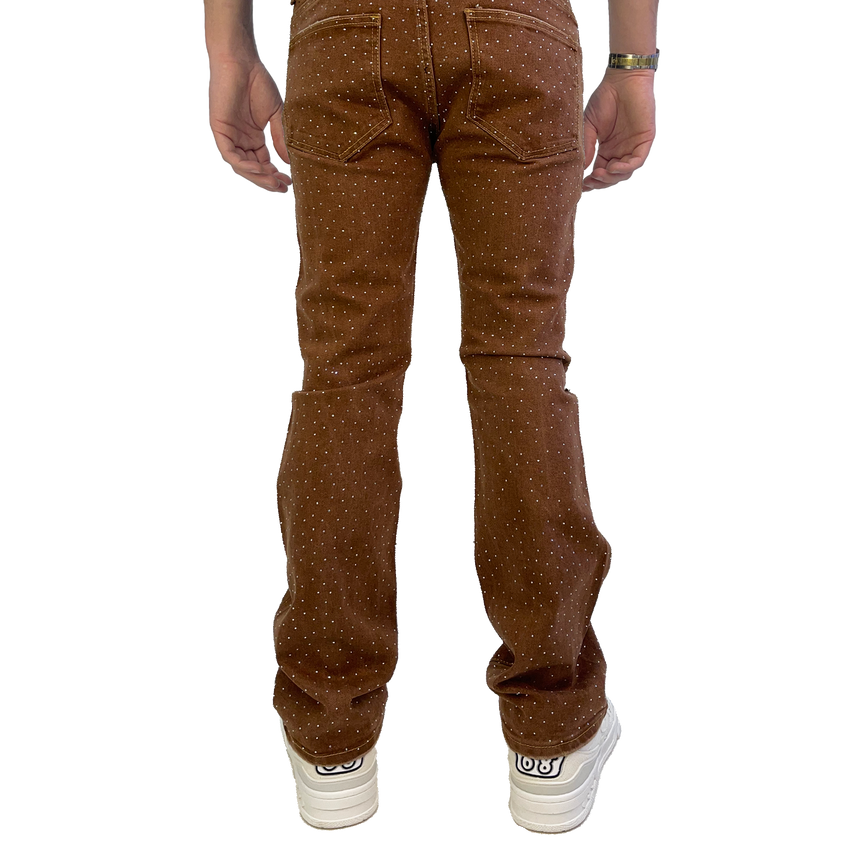 BROWN ALL OVER EMBELLISHED RHINESTONE CRYSTAL WATSON DENIM