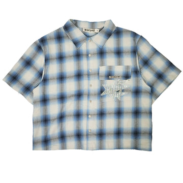 CREAM STAR CRYSTAL EMBROIDERED FLOWER SHORT SLEEVE FLANNEL (BLUE)