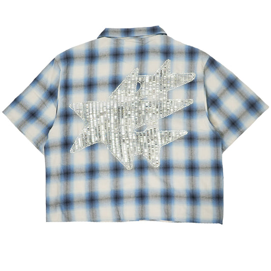 CREAM STAR CRYSTAL EMBROIDERED FLOWER SHORT SLEEVE FLANNEL (BLUE)