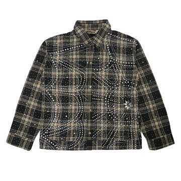 Watson Spider Web Crystal Black & White Dip Dye Flannel Shirt, black and beige plaid long-sleeve flannel