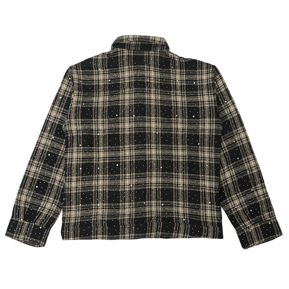 Watson Spider Web Crystal Black & White Dip Dye Flannel Shirt, black and beige plaid long-sleeve flannel – alternate view 2