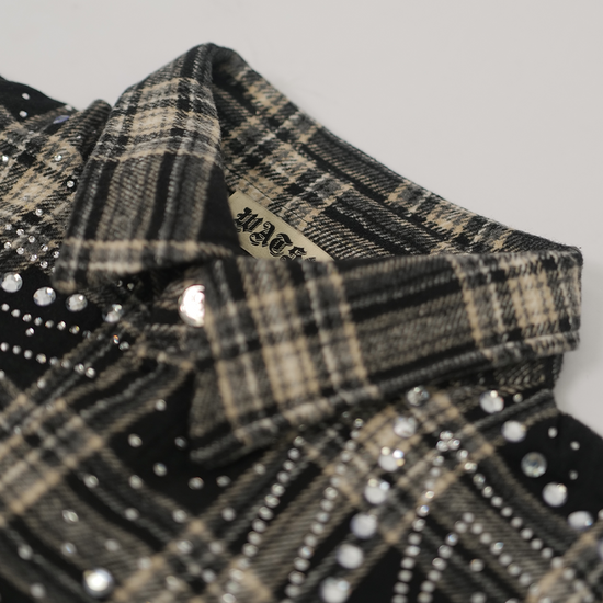 Watson Spider Web Crystal Black & White Dip Dye Flannel Shirt, black and beige plaid long-sleeve flannel – alternate view 5