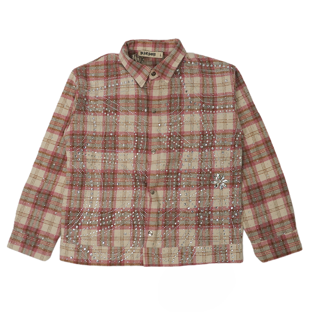 Watson Spider Web Crystal Brown & Pink Dip Dye Flannel Shirt, beige and pink plaid long-sleeve flannel