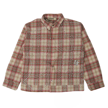 Watson Spider Web Crystal Brown & Pink Dip Dye Flannel Shirt, beige and pink plaid long-sleeve flannel