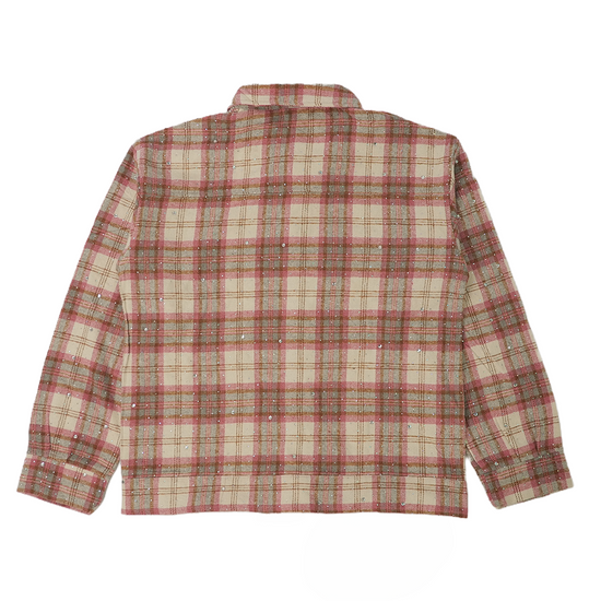 Watson Spider Web Crystal Brown & Pink Dip Dye Flannel Shirt, beige and pink plaid long-sleeve flannel – alternate view 2