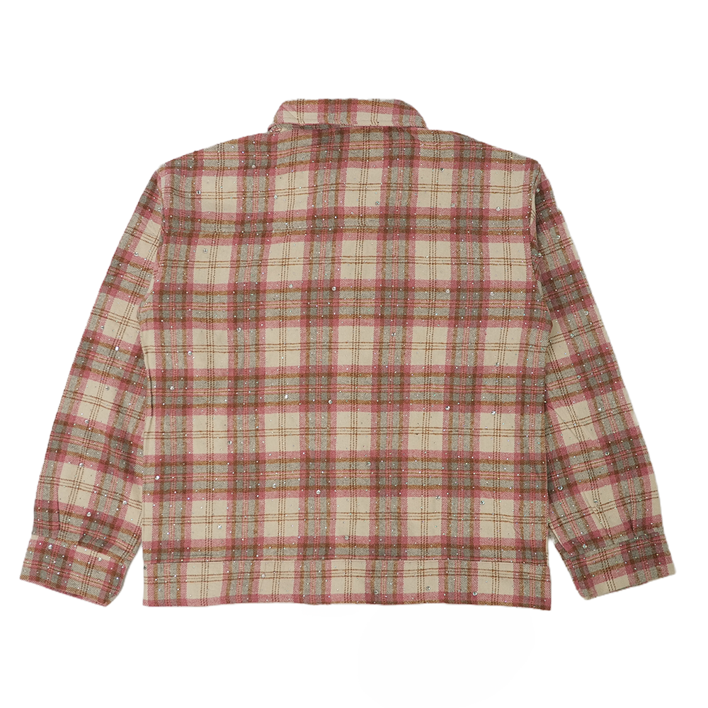Watson Spider Web Crystal Brown & Pink Dip Dye Flannel Shirt, beige and pink plaid long-sleeve flannel – alternate view 2