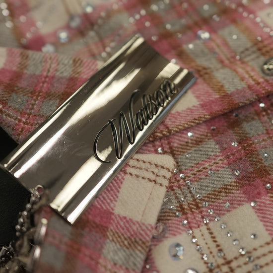 Watson Spider Web Crystal Brown & Pink Dip Dye Flannel Shirt, beige and pink plaid long-sleeve flannel – alternate view 4