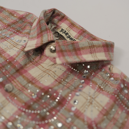 Watson Spider Web Crystal Brown & Pink Dip Dye Flannel Shirt, beige and pink plaid long-sleeve flannel – alternate view 5