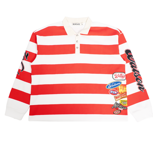 WATSON MULTI PATCH RED AND WHITE RUGBY POLO