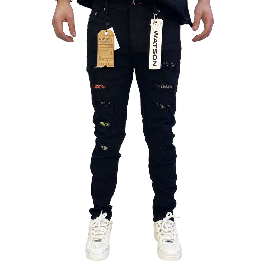 BLACK EMBELLISHED MULTI RIPPED WATSON DENIM