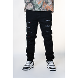 BLACK EMBELLISHED MULTI RIPPED WATSON DENIM