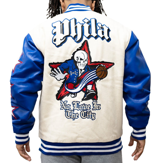 BRAND X PHILADELPHIA NO LOVE VARSITY JACKET (WHITE)