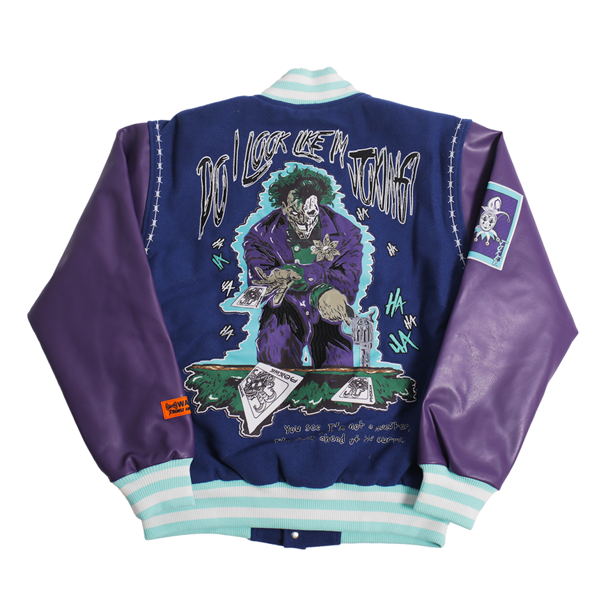 BRAND X WHY SO SERIOUS JOKER YOUTH VARSITY JACKET (NAVY)