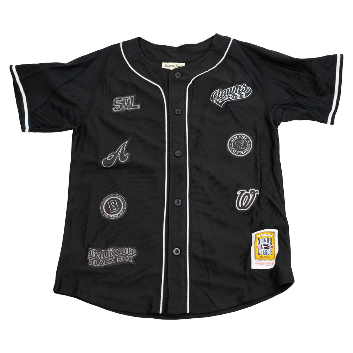 YOUTH NERGO LEAGUE VERTICAL COLLAGE BUTTOM DOWN BASEBALL JERSEY (BLACK)