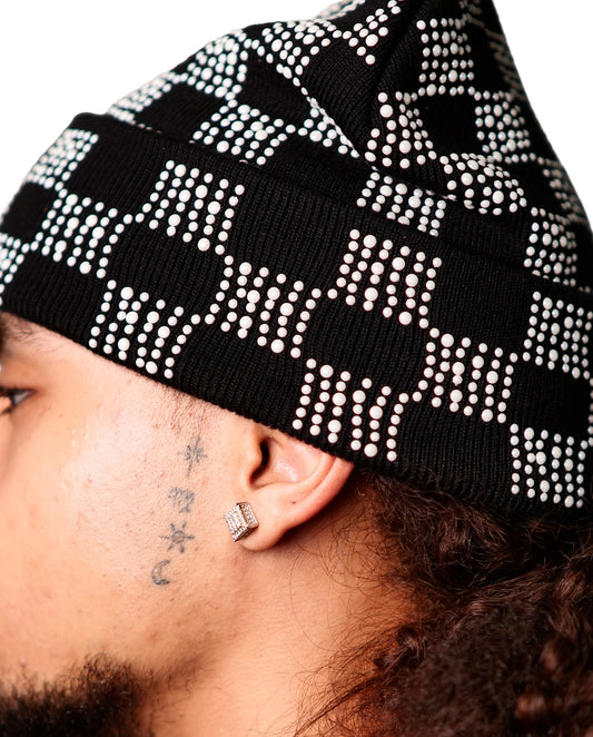 WATSON CHECKERED PEARL BEANIE HAT (BLACK)