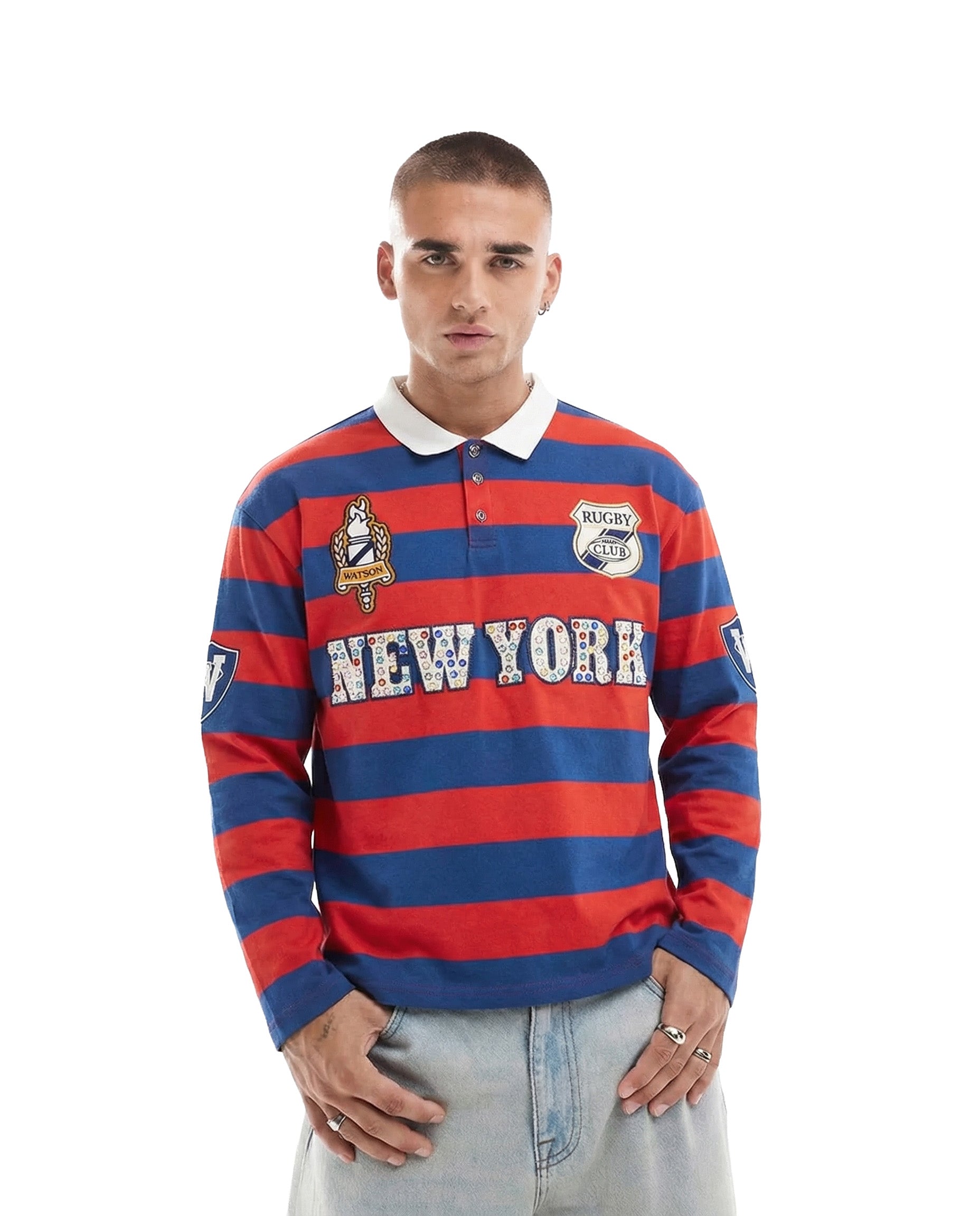 【Richardson】 Rugby Polo Shirts NEW YORK RHINESTONE STRIPED LONG SLEEVE RUGBY POLO (RED & BLUE