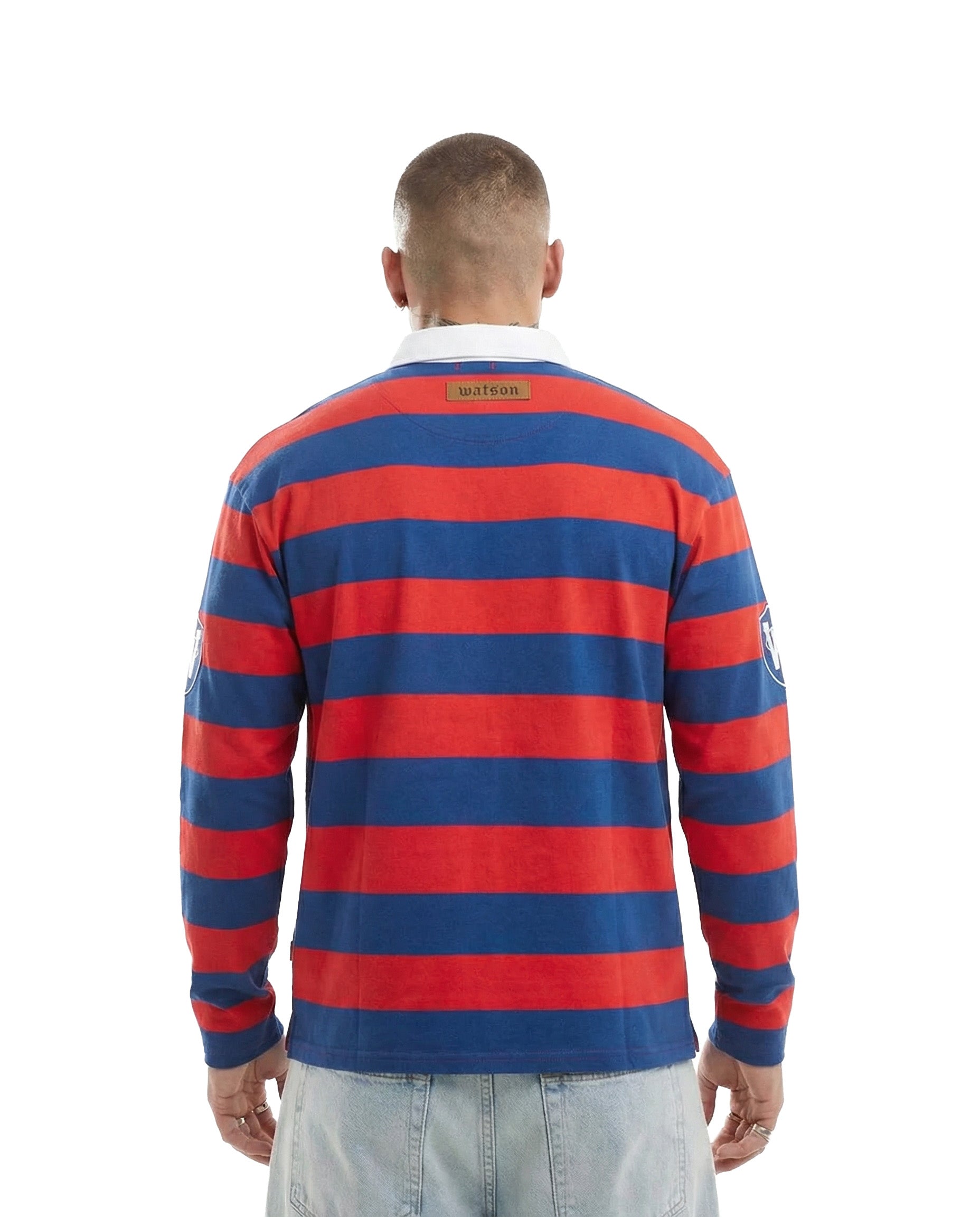 NEW YORK RHINESTONE STRIPED LONG SLEEVE RUGBY POLO (RED & BLUE NEW YORK RHINESTONE STRIPED LONG SLEEVE RUGBY POLO (RED & BLUE