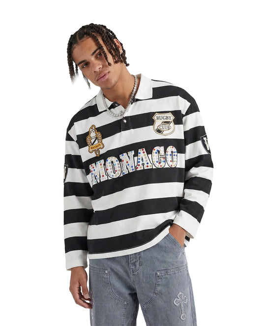 MONACO RHINESTONE STRIPED LONG SLEEVE RUGBY POLO (BLACK/WHITE)