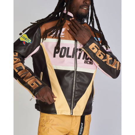 Politics Jacket - Leather Moto Racing - Beloved - Brown And Pink  - 573