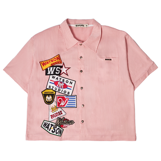 WATSON MULTI APPLIQUE PATCHWORK LIGHT PINK PINSTRIPE BUTTON DOWN SHIRT
