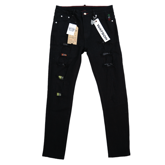 BLACK EMBELLISHED MULTI RIPPED WATSON DENIM