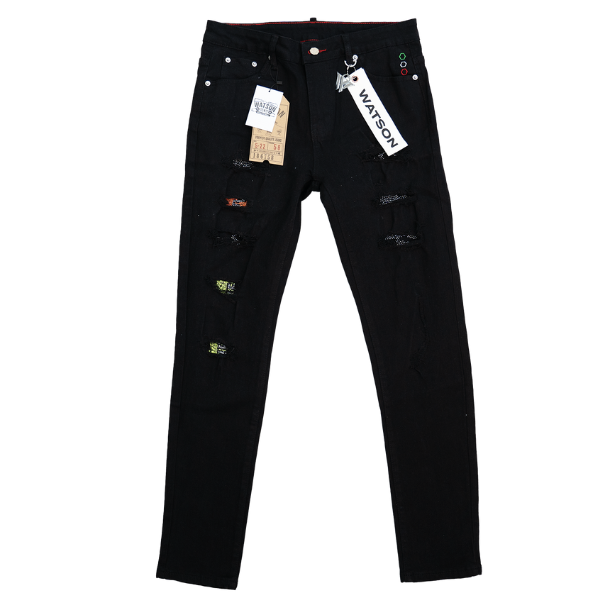 BLACK EMBELLISHED MULTI RIPPED WATSON DENIM