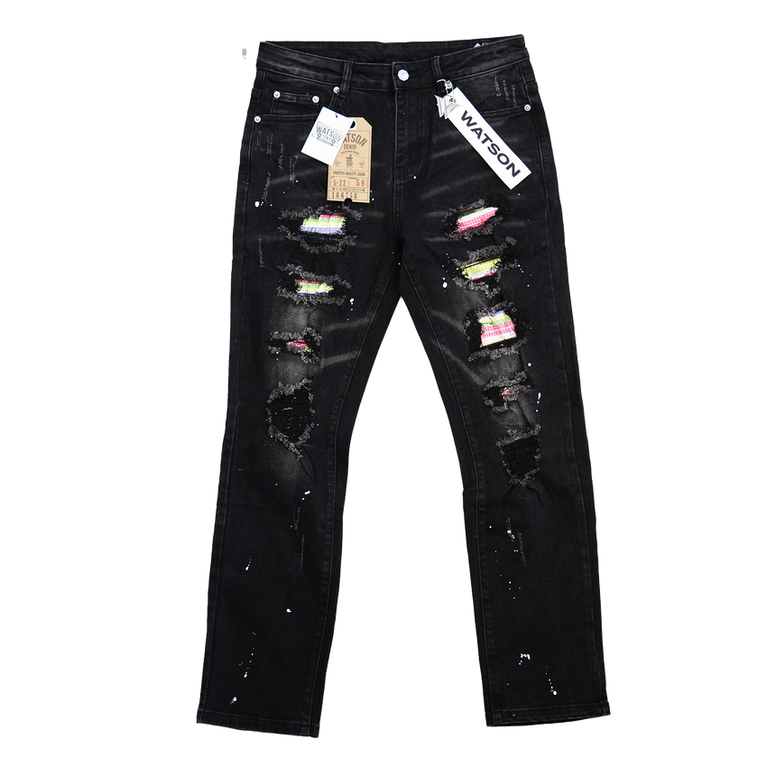 BLACK DISTRESSED MULTI RIP WATSON DENIM