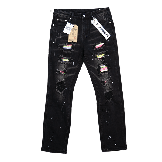 BLACK DISTRESSED MULTI RIP WATSON DENIM