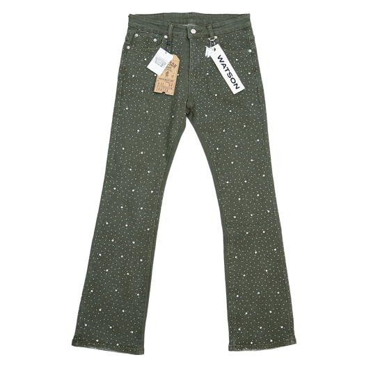 GREEN EMBELLISHED RHINESTONE CRYSTAL WATSON DENIM