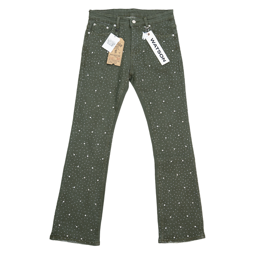 GREEN EMBELLISHED RHINESTONE CRYSTAL WATSON DENIM